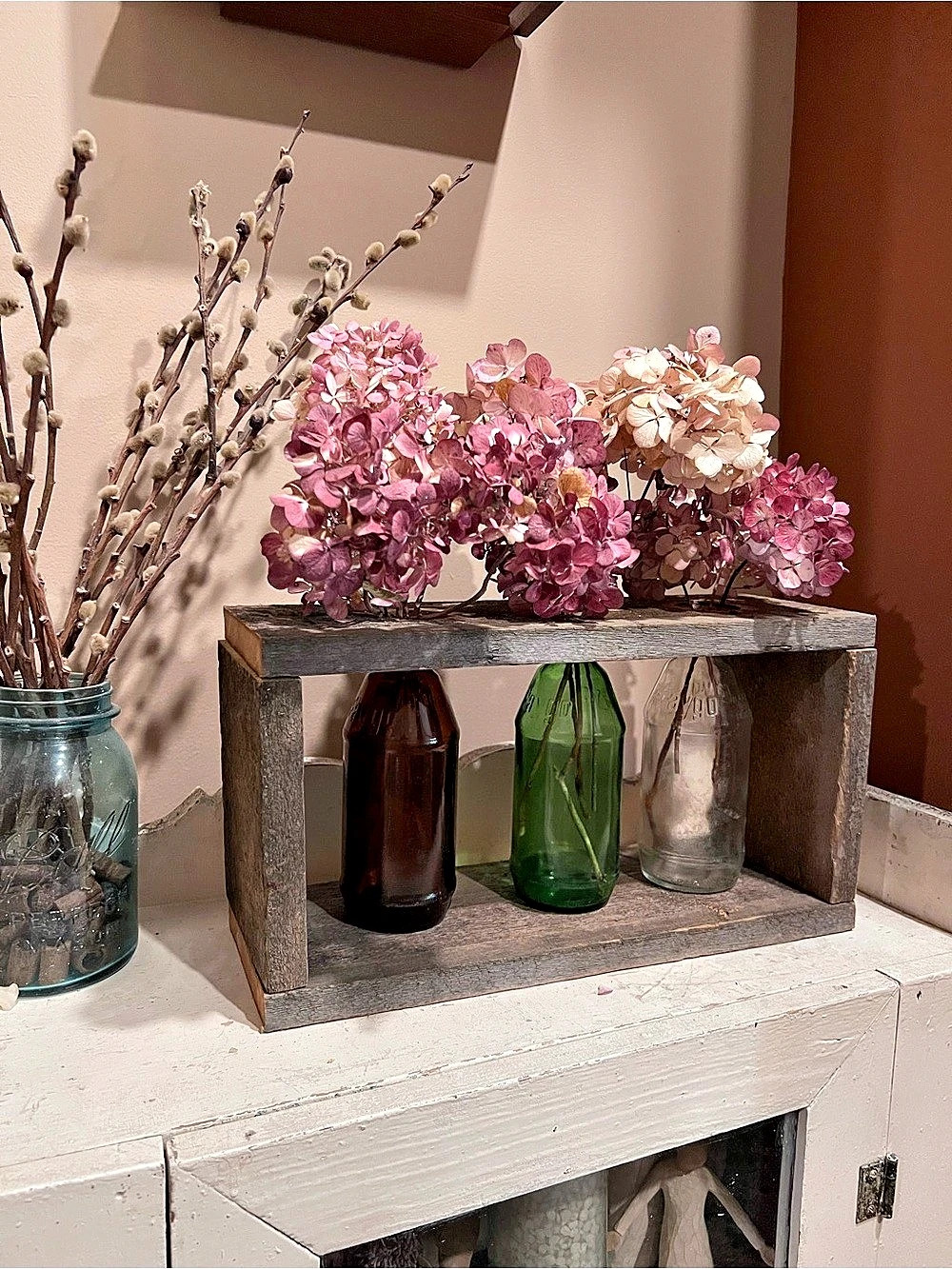 Barnwood Vase Display Shelf + vintage Faygo bottles